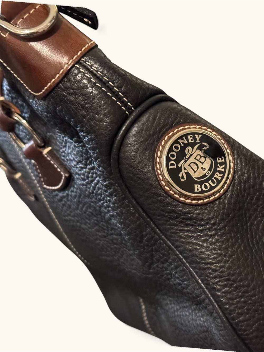 Vintage Dooney & Bourke Black Pebbled Leather Top Handle Bag W/ Brown Trim - Picture 3 of 12